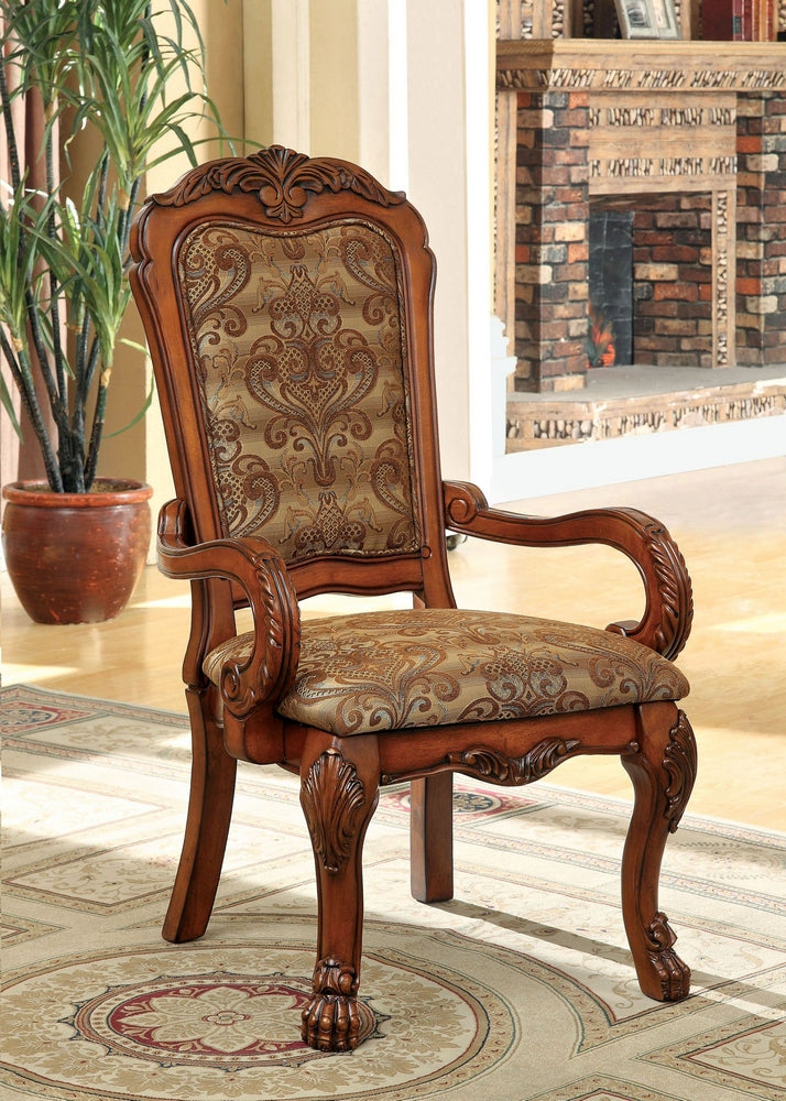 Medieve 2 Antique Oak Wood/Fabric Arm Chairs