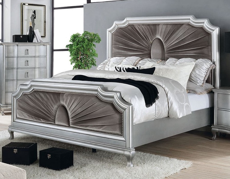 Aalok Silver Wood Queen Bed with Velvet Insert