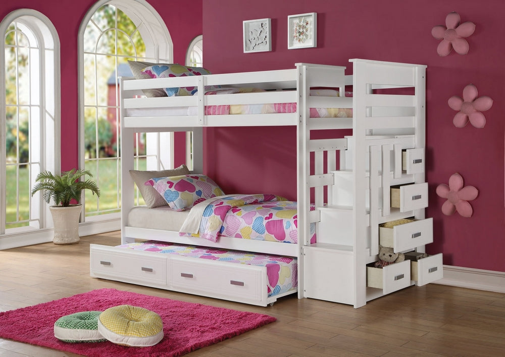 Allentown White Wood Twin over Twin Bunk Bed with Storage Ladder