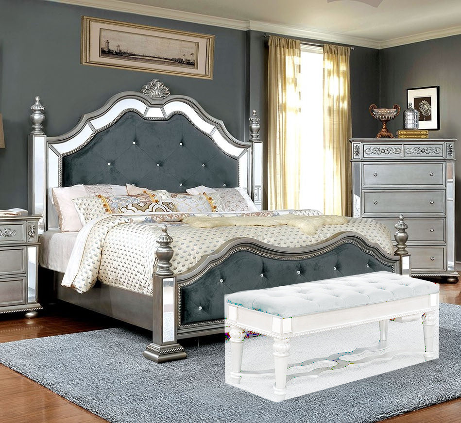 Azha Glam Gray Fabric/Silver Wood Queen Bed