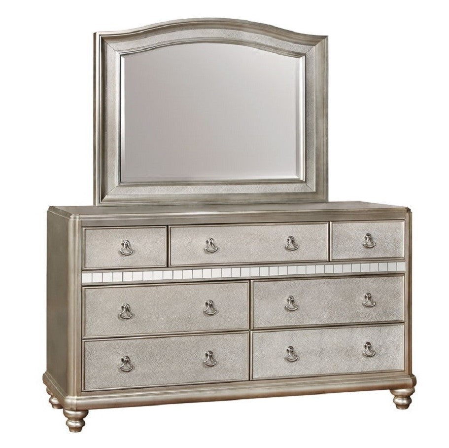 Bling Game Metallic Platinum Wood 7-Drawer Dresser with Mirror