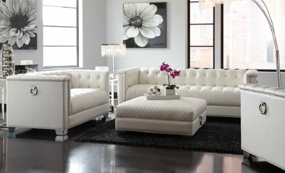 Chaviano Pearl White Leatherette Button Tufted Sofa