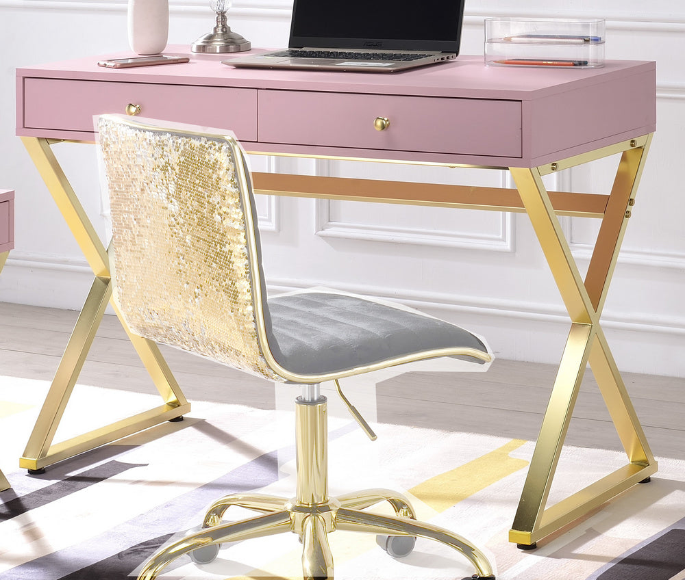 Coleen Pink Wood/Gold Metal Office Desk with 2 Drawers