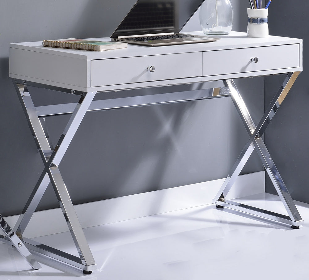 Coleen White Wood/Chrome Metal Office Desk with 2 Drawers