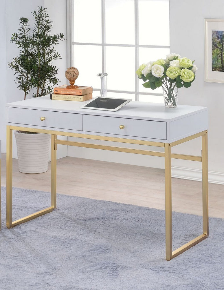 Coleen White/Brass Wood/Metal Desk with 2 Drawers