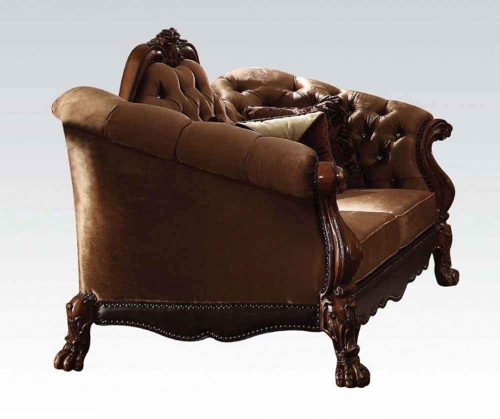 Dresden Golden Brown Velvet/Cherry Oak Loveseat with 5 Pillows