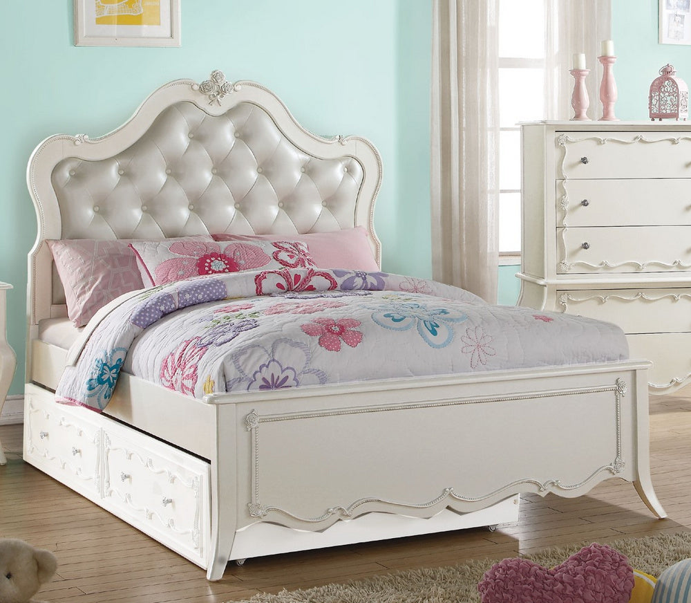 Edalene Pearl White Wood Full Bed with PU Leather Headboard