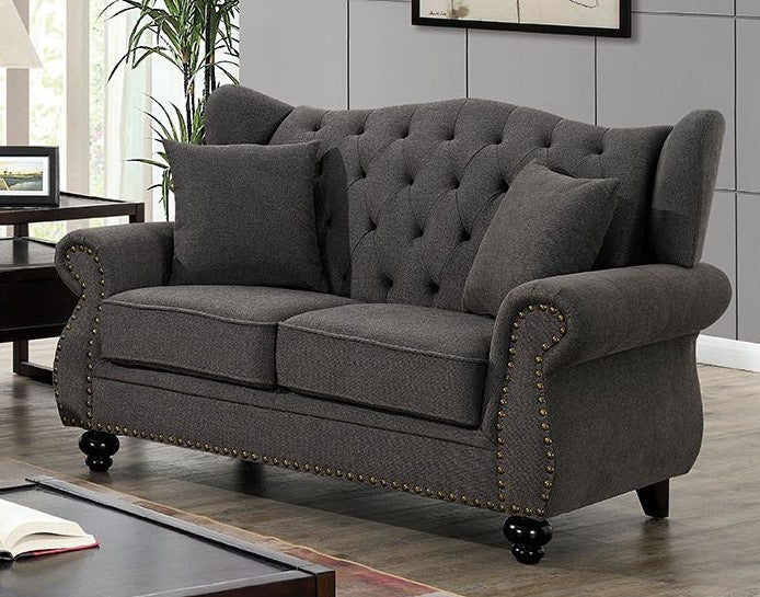 Ewloe Dark Gray Linen Button Tufted Loveseat