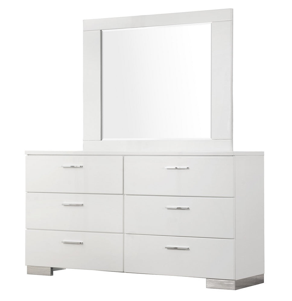 Felicity Glossy White Wood 6-Drawer Dresser with Mirror