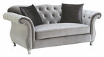 Frostine Silver Velvet Loveseat with Accent Pillows