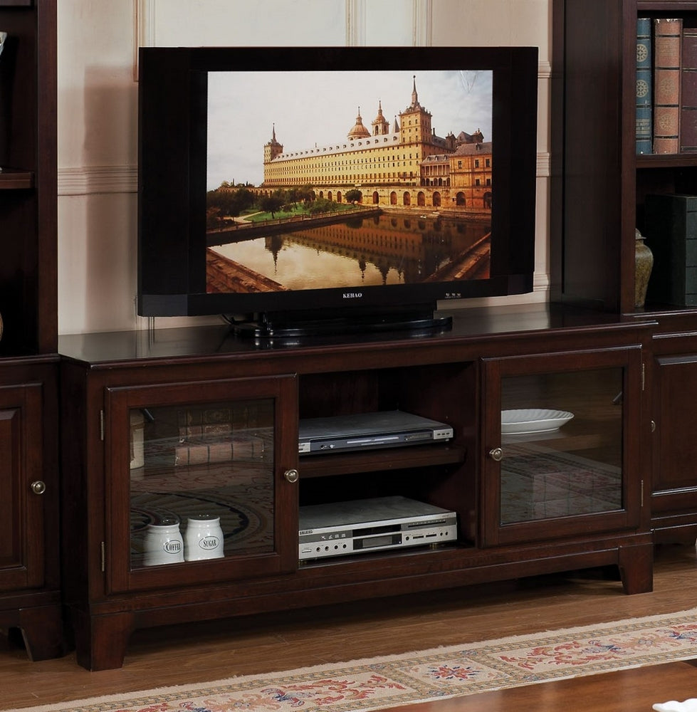 Halden Brown Wood TV Stand with Side Glass Doors