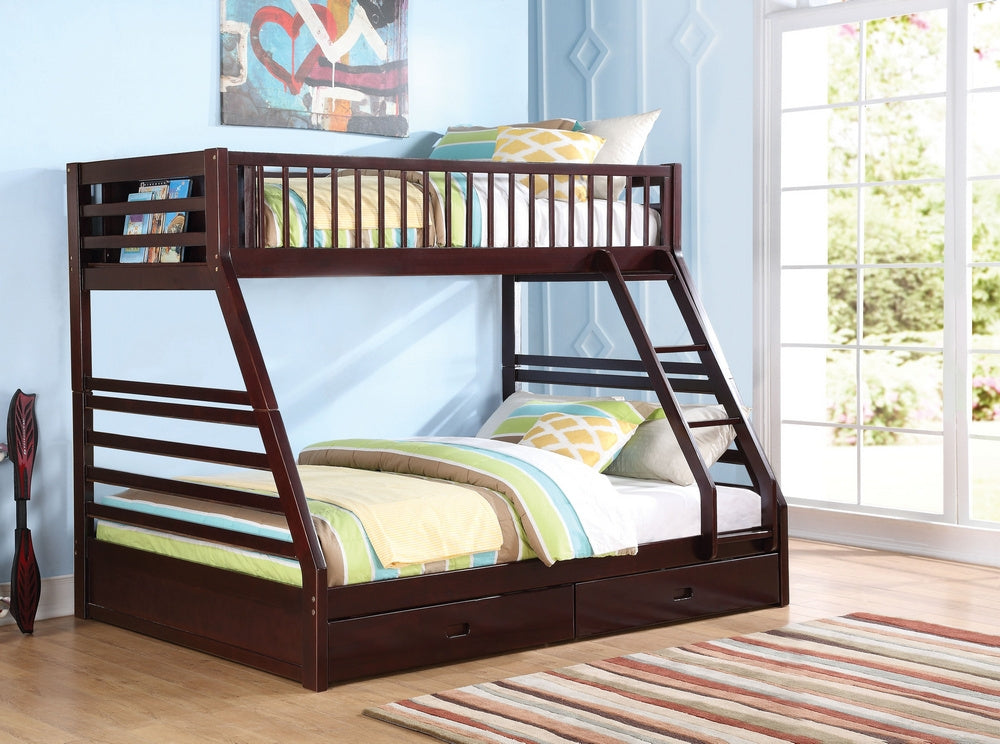 Jason Espresso Wood Twin XL over Queen Bunk Bed with Drawers