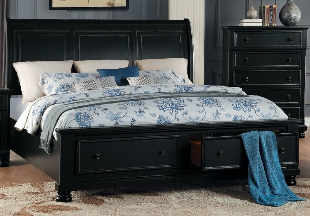 Laurelin Black Sand-Through Wood King Bed with Drawers
