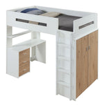 Nerice White/Oak Wood Twin Loft Bed with Desk & Wardrobe