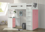 Nerice White/Pink Wood Twin Loft Bed with Desk & Wardrobe