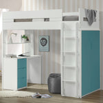 Nerice White/Teal Wood Twin Loft Bed with Desk & Wardrobe