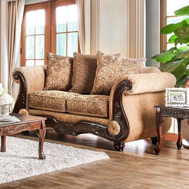 Nicanor Tan/Gold Chenille/Leatherette Loveseat