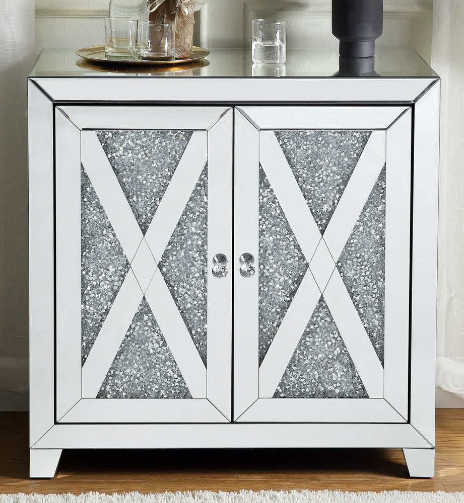 Noralie Silver Mirrored Accent Cabinet with Faux Diamonds