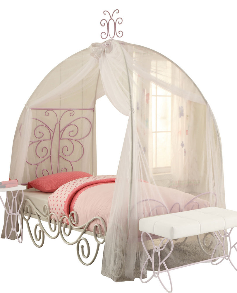 Priya II White/Light Purple Metal Tube Full Bed with Canopy