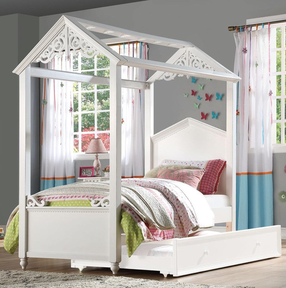 Rapunzel White Wood Twin Canopy Bed with Trundle