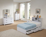 Rosangela White Wood Twin Bed w/Bookcase Headboard & Drawers