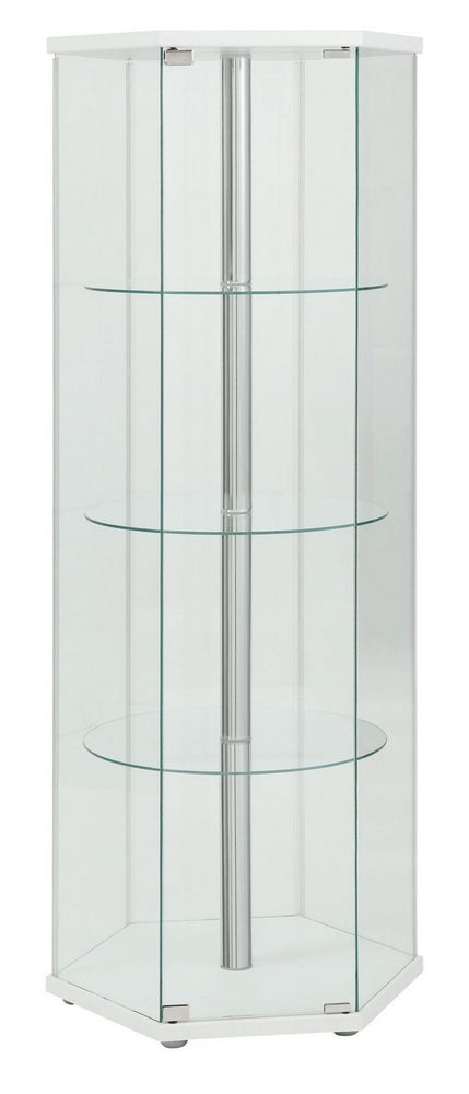 Salud Glass Hexagon Curio Cabinet with White Wood Top/Bottom