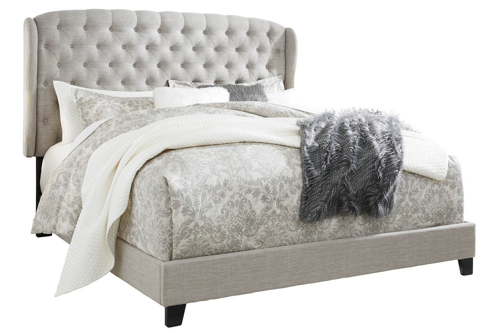 Jerary Gray Fabric Queen Panel Bed with Wingback Headboard