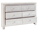 Paxberry Whitewash Wood 6-Drawer Dresser with Carved Pattern