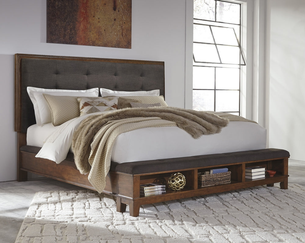 Ralene Gray Fabric/Medium Brown Wood Queen Panel Bed