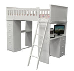 Willoughby White Wood Loft Bed with Built-in Desk & Drawer Chest