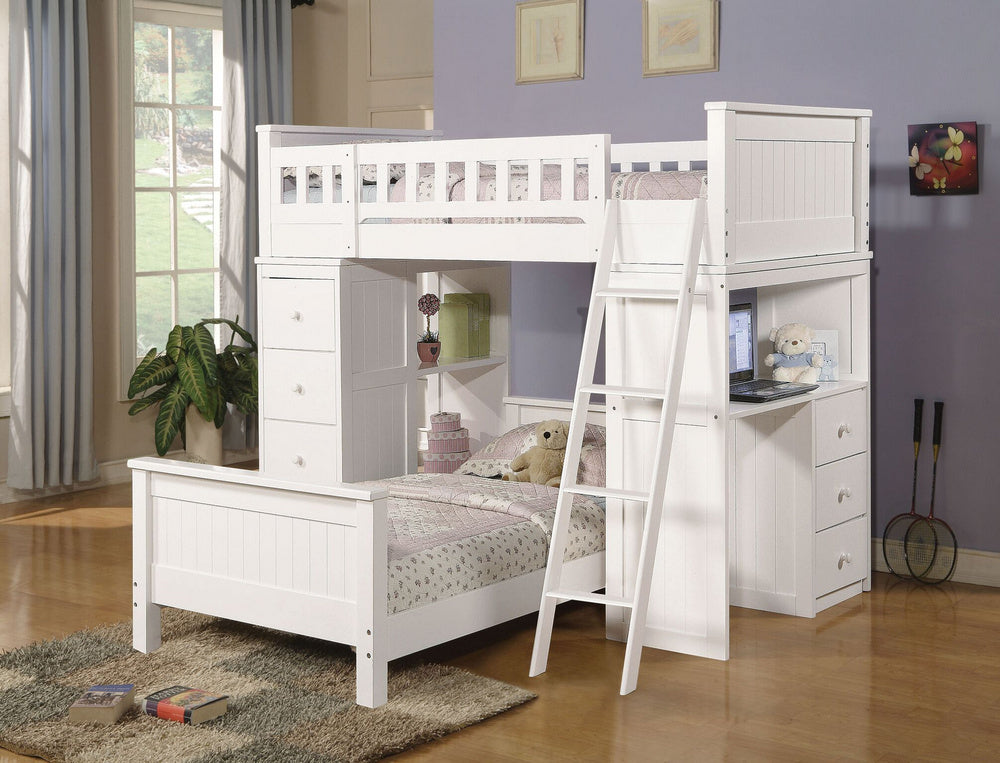 Willoughby White Wood Twin/Twin Loft Bed with Built-in Desk