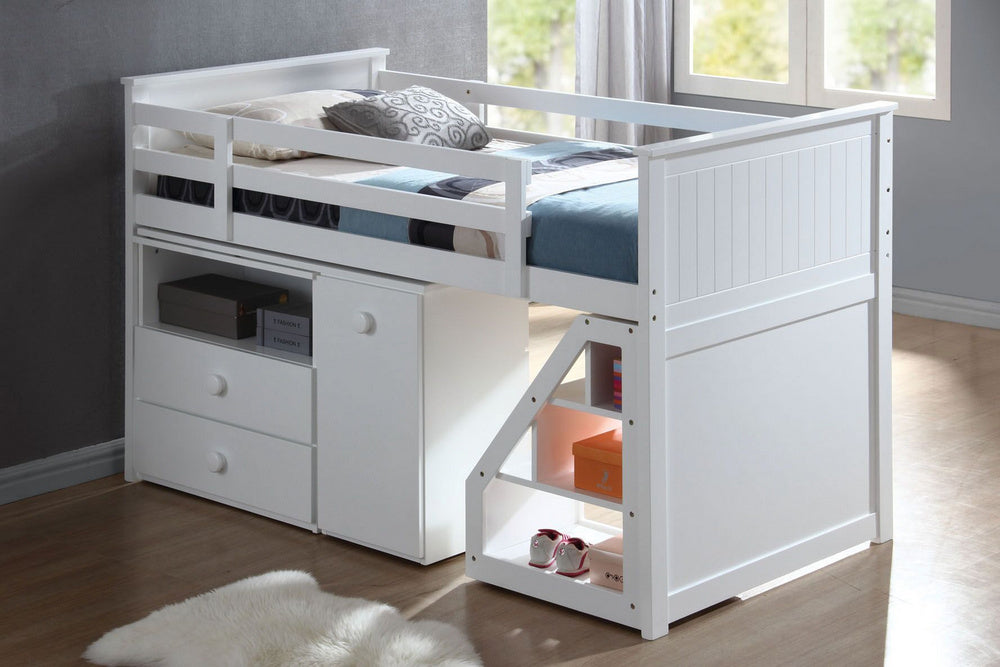 Wyatt White Wood Twin Loft Bed with Chest and Swivel Desk