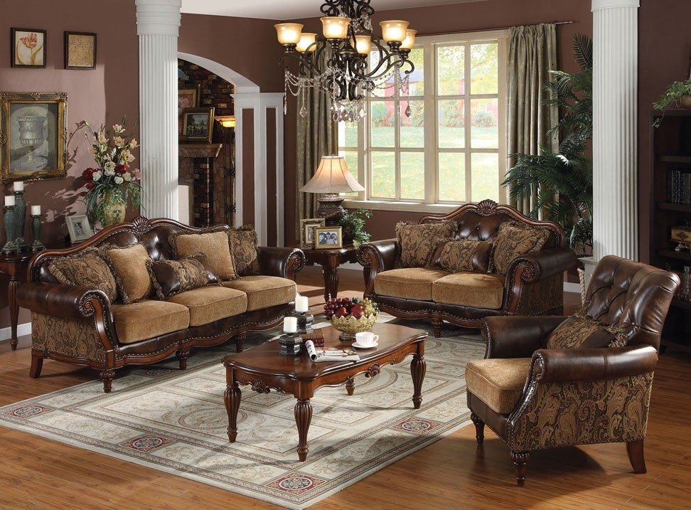 Dreena 3-Pc Brown PU Leather/Chenille Sofa Set (Oversized)