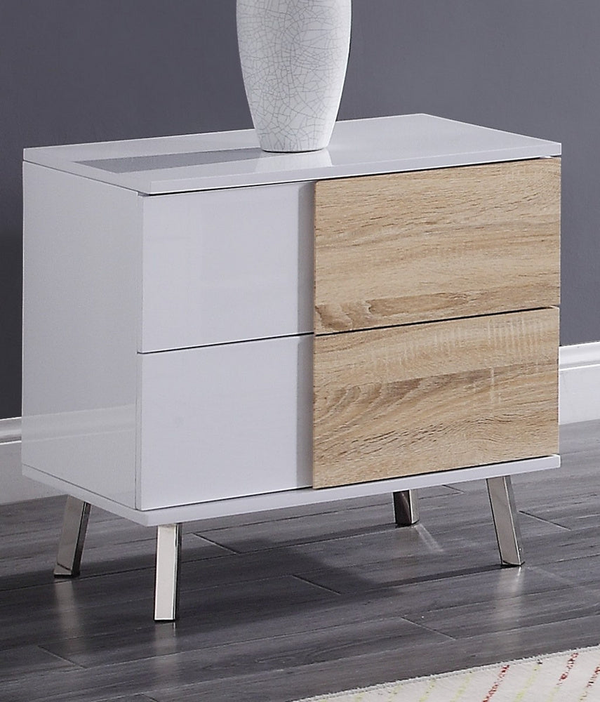 Verux White High Gloss Wood End Table with 2 Drawers