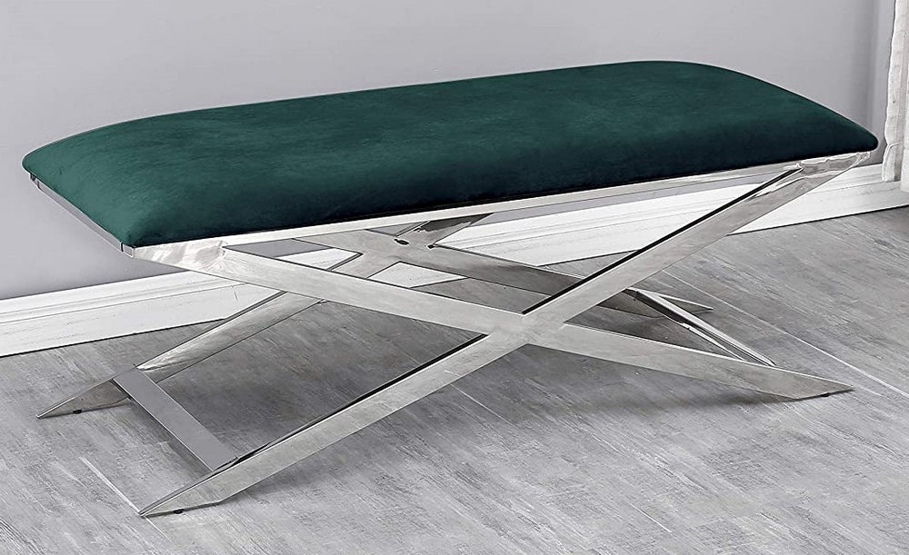 Elina Green Velvet/Silver Metal Accent Bench