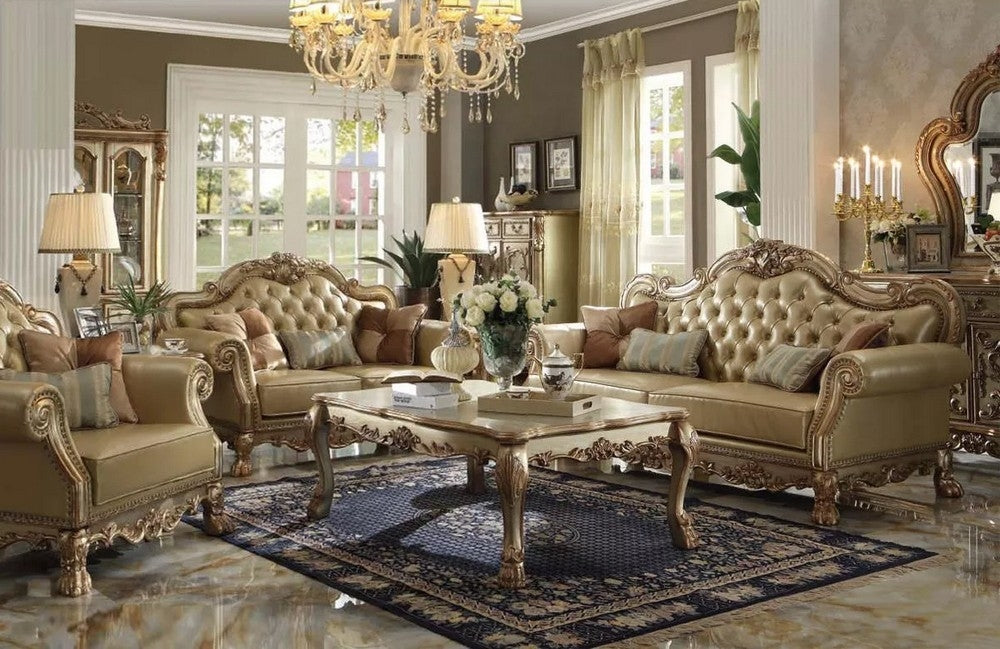 Dresden 3-Pc Bone PU Leather/Gold Patina Sofa Set with Pillows