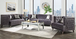 Hegio Gray Velvet Button Tufted Sofa with 2 Pillows