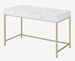 Ottey White High Gloss Wood/Gold Metal Desk with 2 Drawers