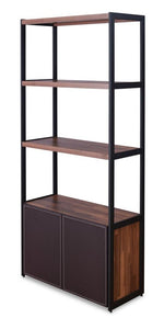 Sara Walnut Wood Bookcase with Espresso PU Leather Doors