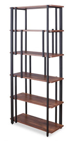 Sara Walnut Wood/Sandy Black Metal Bookcase with 6 Shelves