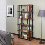 Sara Walnut Wood/Sandy Black Metal Bookcase with 6 Shelves