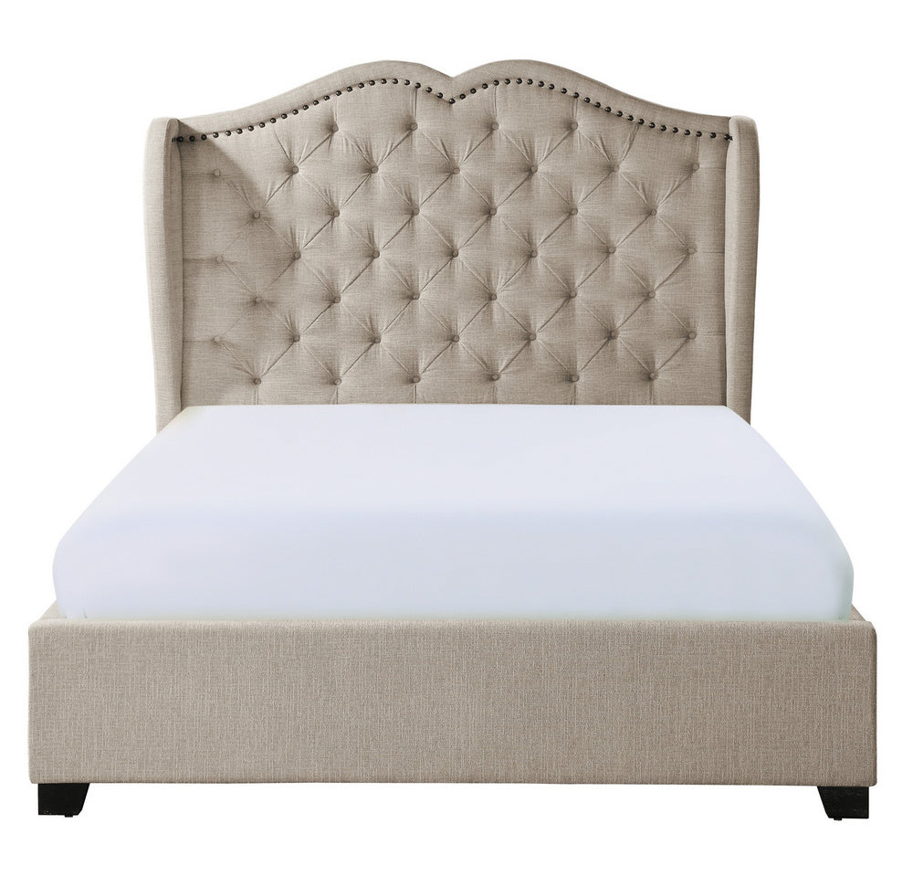 Waterlyn Beige Fabric Button Tufted Queen Bed