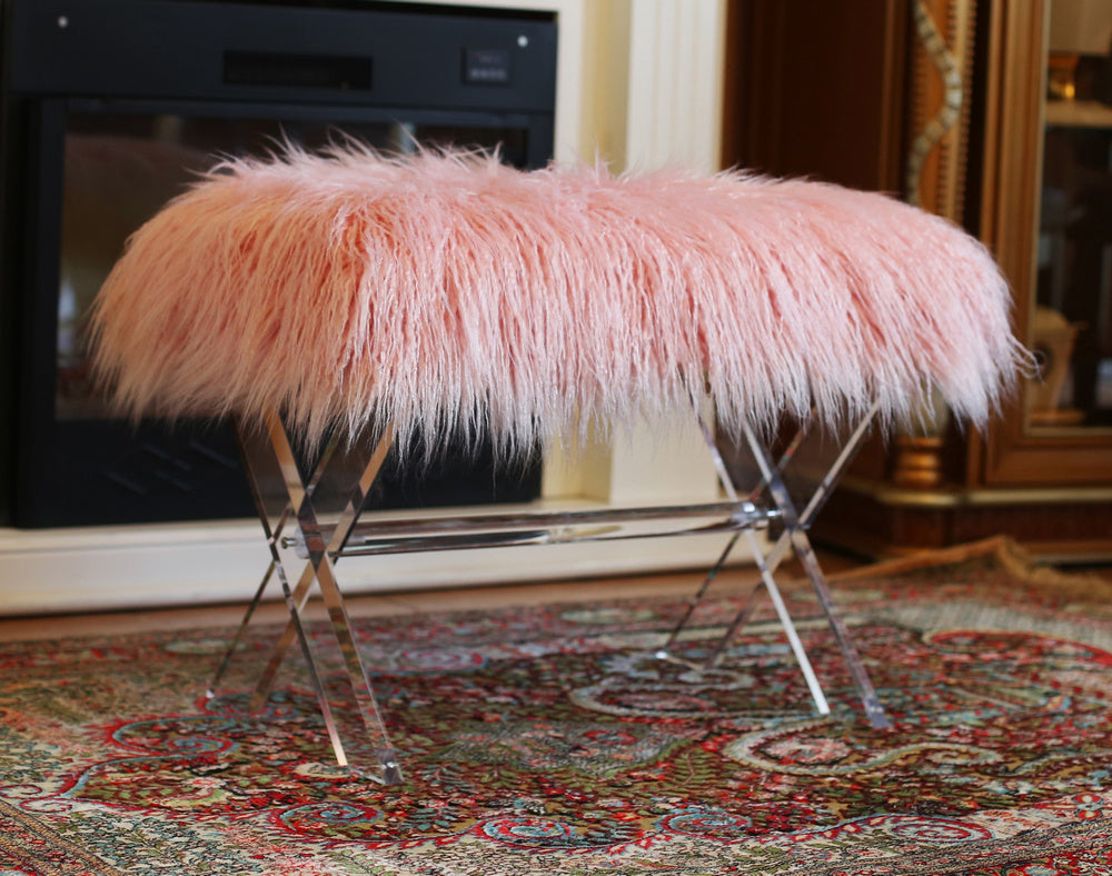 Cosette Pink Fur/Clear Acryl Bench with X-Legs