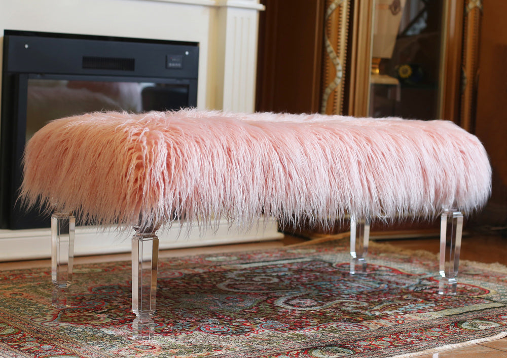 Cosette Pink Fur/Clear Acryl Accent Bench