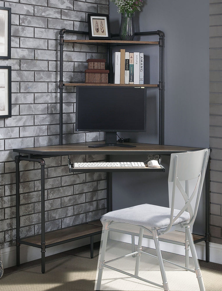 Deliz Sand Gray Metal/Wood Corner Desk with Hutch