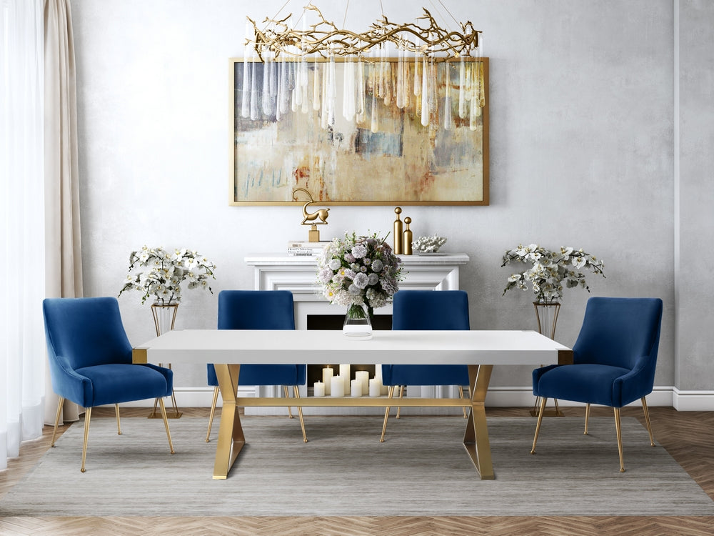 Adeline 5-Pc White/Gold Dining Table Set with Navy Chairs