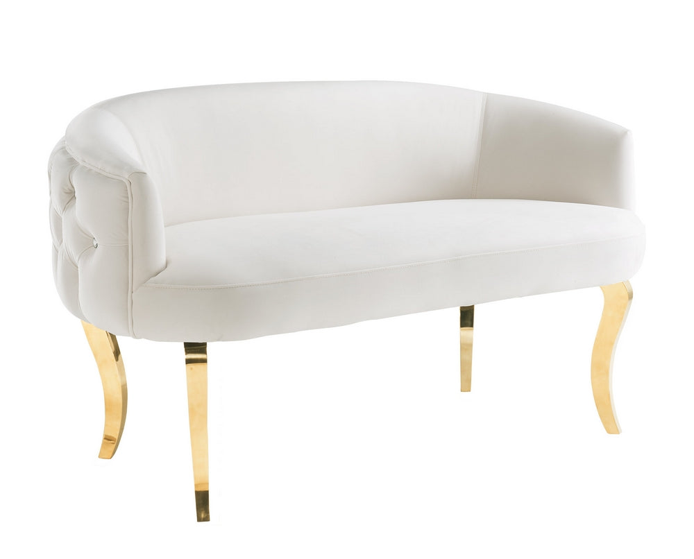 Adina White Velvet Loveseat with Gold Metal Legs