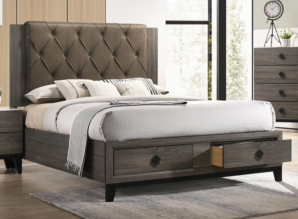 Avantika Rustic Gray Oak Wood Queen Bed with Storage