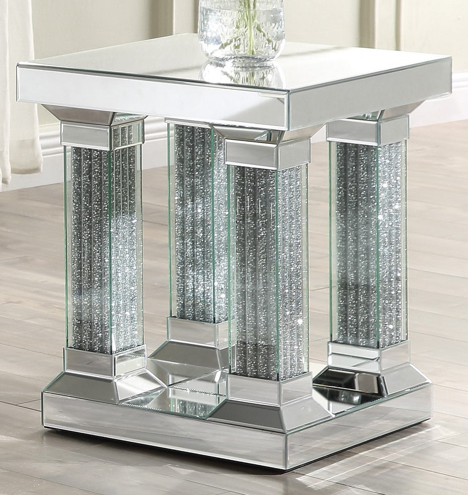 Caesia Mirrored End Table with Faux Diamonds & Bottom Shelf