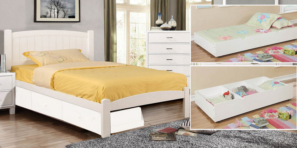 Caren White Wood Full Bed with Trundle-Drawers